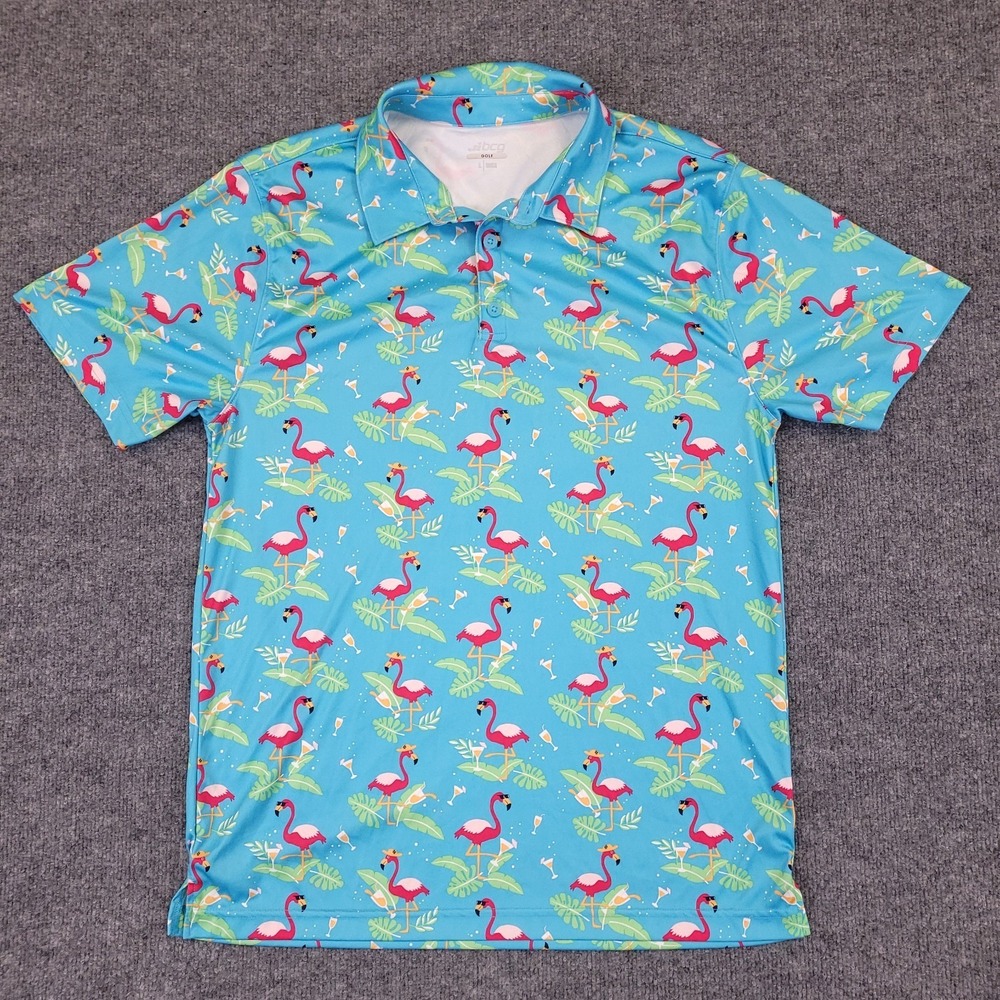 BCG Golf Polo Shirt Mens M Pink Flamingos Cocktails Geometric Performance
